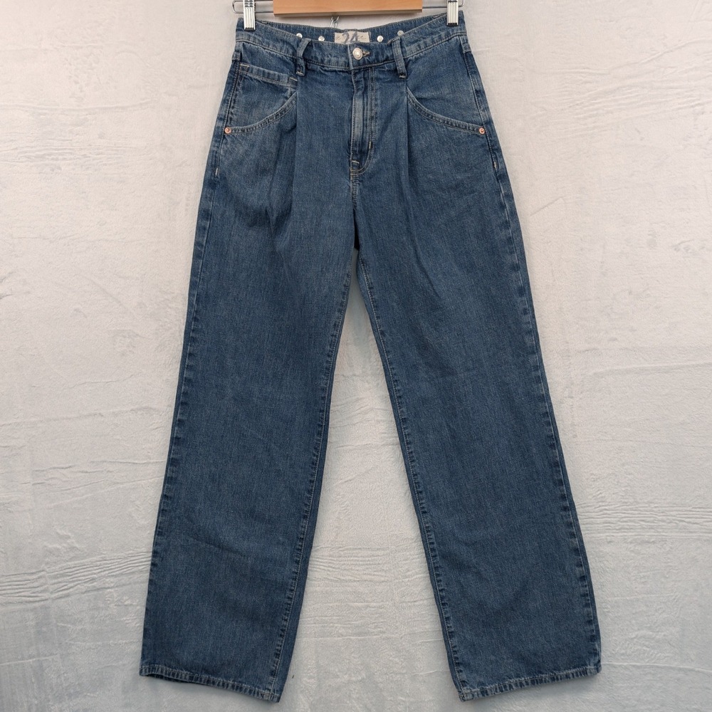 We The Free Jeans Women's 24 Blue Wide Leg High Rise Pleated Relaxed Fit Utility